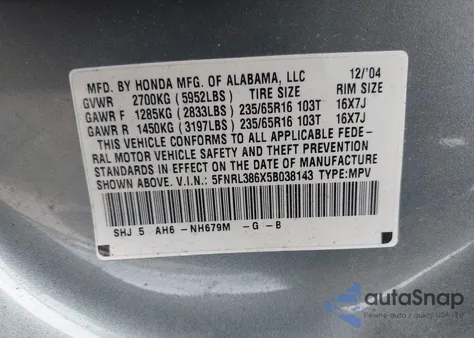 2005 Honda Odyssey Ex-L из США, поврежденный, VIN 5FNRL386X5B038143